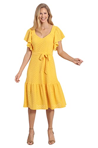 Women's Knit Eyelet Flutter Sleeve Belted Tiered Midi Dress Office Career Garden Party Day Guest of