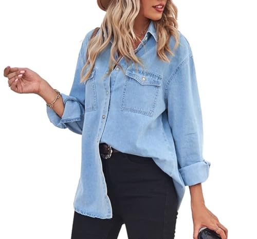 Women's Spring Long Sleeve Denim Jean Shirts Button Down Shirt Business Casual Tops