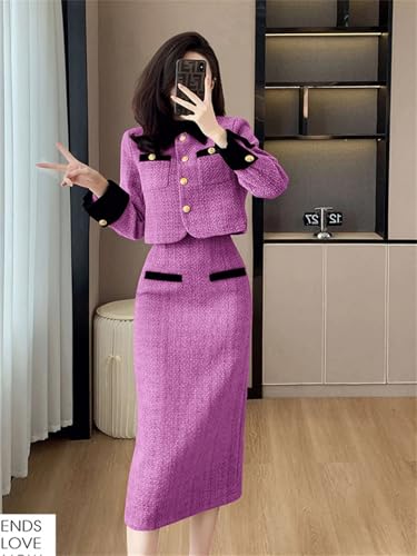 Women Vintage Tweed Two Piece Set Short Coat + Bodycon Skirt Suits Winter Elegant 2 Piece