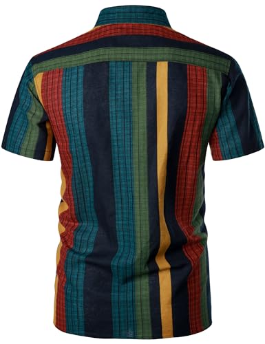 Men's Cotton Linen Vintage Pattern Printed Old Style Shirt Casual Short Sleeve Button Down Retro Shirts