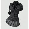 Women's Striped Button Down Shirt Ruched Short Sleeve Fitted Work Blouses