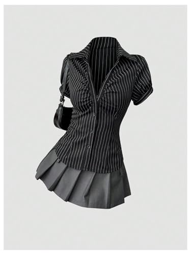 Women's Striped Button Down Shirt Ruched Short Sleeve Fitted Work Blouses