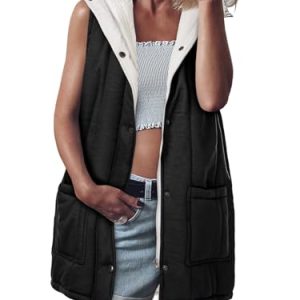 Womens Long Puffer Vests Outerwear Hooded Button Down Gilet Sleeveless Warm Winter Coats Jackets