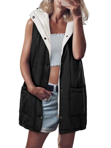 Womens Long Puffer Vests Outerwear Hooded Button Down Gilet Sleeveless Warm Winter Coats Jackets