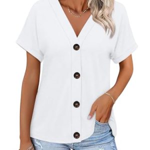 Womens Summer Tops Short Sleeve Button Down Shirts Casual V Neck T Shirts Trendy Tunic Tops
