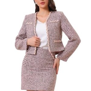 2 Piece Tweed Plaid Skirt Set for Women's Business Collarless Blazer and Mini Skirt Suit Sets