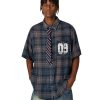 Mens Button Down Shirts Number Print Plaid Necktie Short Sleeve Shirt Casual Summer Shirts