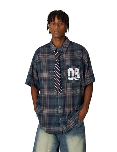 Mens Button Down Shirts Number Print Plaid Necktie Short Sleeve Shirt Casual Summer Shirts