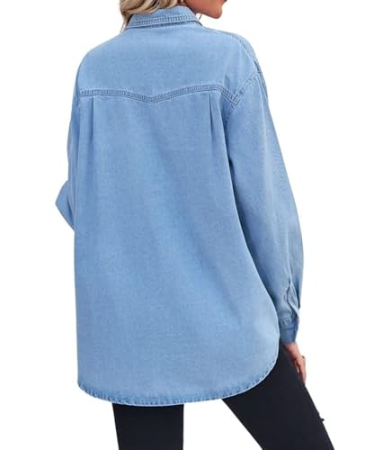 Women's Spring Long Sleeve Denim Jean Shirts Button Down Shirt Business Casual Tops