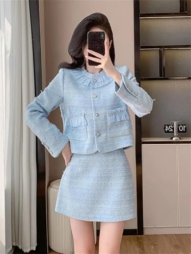 Women Fashion Small Fragrant Tweed Two Piece Set Jacket Coat Mini Skirt Suit French Elegant 2 Piece Outfits