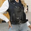 Women Lapel Sleeveless Motorcycle Jacket Zip Up Waistcoat PU Leather Vest with Belt Black