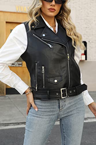Women Lapel Sleeveless Motorcycle Jacket Zip Up Waistcoat PU Leather Vest with Belt Black