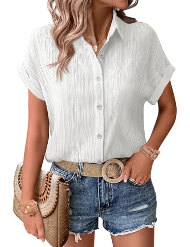 Womens Button Down Shirts Casual Short Sleeve Dress Shirt Textured Collared Summer Work Blouse
