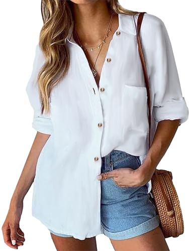 Womens Linen Button Down Shirt Casual Long Sleeve Cotton Blouse Loose Fit Collared Work Gauze Tops with Pocket