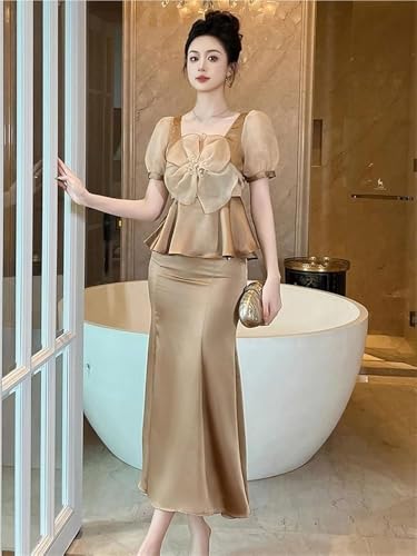 Satin 2 Piece Outfit Women Elegant Corset Top High Waist Fishtail Skirt Set Long Blouse Shirt Evening Dress Suit