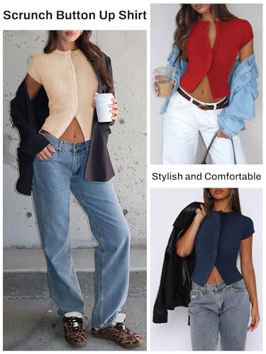 Women's Button Down Shirt Cap Sleeve Tops for Women Button Up Ribbed Knit Slim Fit Casual Y2K Crop Going Out Top