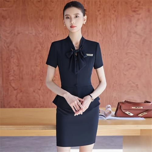 Women's Solid Color Short-Sleeved V-Neck Single-Breasted Bow-Decorated Suit Skirt Two-Piece Suit