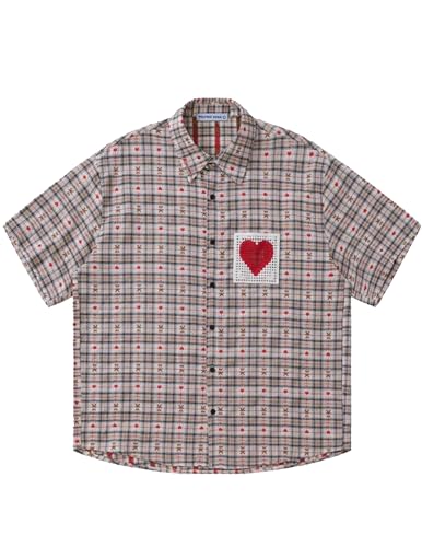 Cut-Out Heart Short Sleeve Shirt Collar Button Down Plaid Casual Tshirt Tops