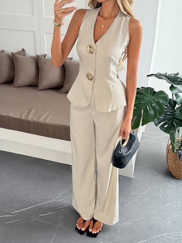 Womens 2 Piece Dressy Sets Straight Wide Leg Pants Slim Vest Business Suits Office Outfits for Women