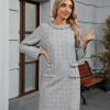 Women's Long Sleeve Tweed Mini Dress Business Work Short Dress Elegant Cute Party Dresses