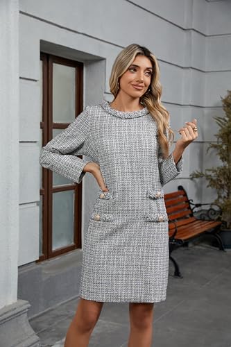 Women's Long Sleeve Tweed Mini Dress Business Work Short Dress Elegant Cute Party Dresses