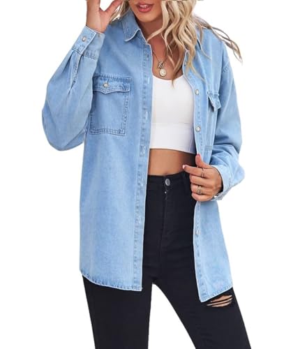 Women's Spring Long Sleeve Denim Jean Shirts Button Down Shirt Business Casual Tops