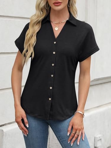 Women's Short Sleeve Polo Tops Summer Button Down Collared T Shirts Casual Cute Ladies Tees