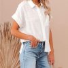 Womens Summer Cotton Linen Short Sleeve Button Down Shirt Collared V-Neck Loose Fit Blouse Beach Office Tops