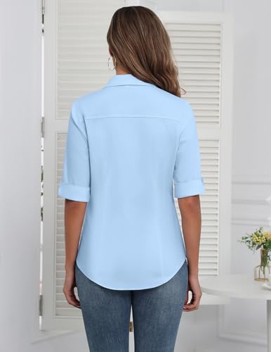 Womens Button Down Shirts 3/4 Sleeve Dress Blouses Business Casual Collared Oxford Tops