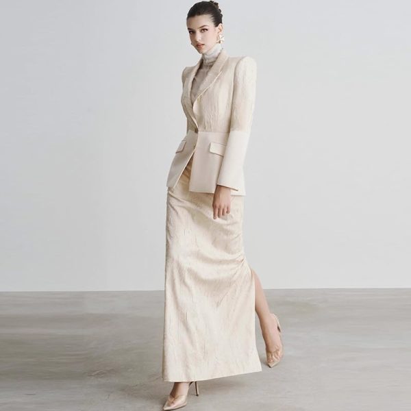 41Gji43wOsL.jpg Women's Skirt Suit Spring Autumn Patchwork Blazer Loose Slit Maxi Skirt 2 Piece Set