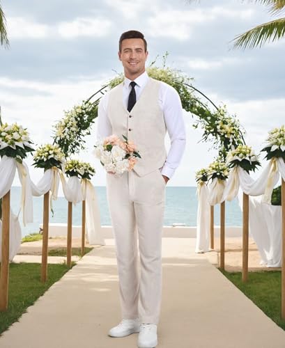 Casual Linen Beige Men's 2 Piece Suits Wedding Suits Slim Fit Groomsmen Tuxedos Prom Waistcoat Summer Linen Vest+Pant
