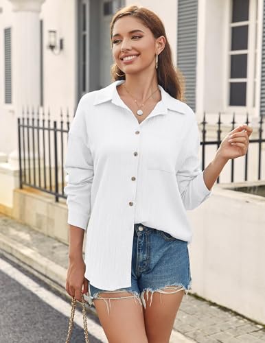 Womens Button Down Shirts Casual Long Sleeve Blouses V Neck Dress Shirt Textured Collared Work Tops with Pocket