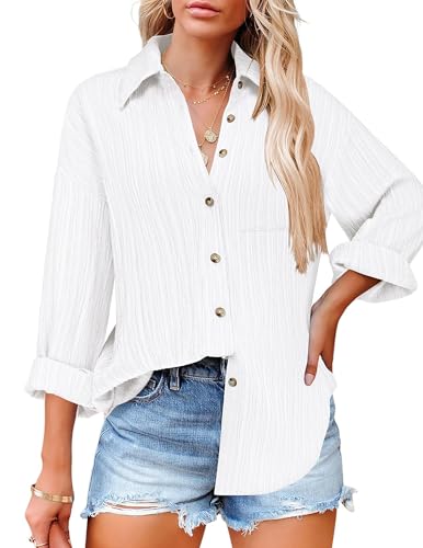 Womens Button Down Shirts Casual Long Sleeve Blouses V Neck Dress Shirt Textured Collared Work Tops with Pocket