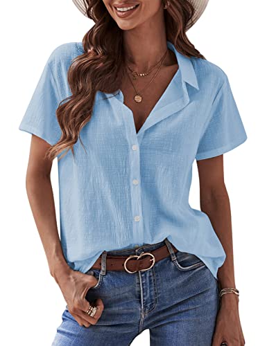 Short Sleeve Shirts for Women - Button Down Business Casual Tops Summer Cotton Linen Blouses Breathable V Neck T Shirt