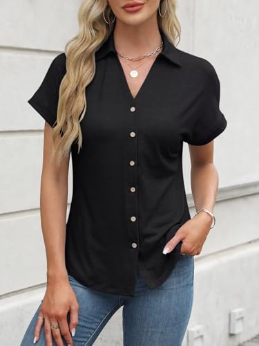 Women's Short Sleeve Polo Tops Summer Button Down Collared T Shirts Casual Cute Ladies Tees