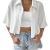 Women's Oversized Button Down Short Sleeve Shirt Textured Collared Crop Top Blouse