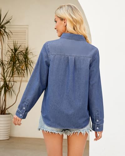 Denim Button Down Shirts for Women Long Sleeve Lightweight Western Relaxed Single Pocket Jean Shirt Shacket Top