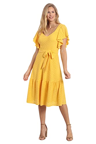 Women's Knit Eyelet Flutter Sleeve Belted Tiered Midi Dress Office Career Garden Party Day Guest of