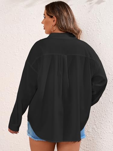 Women's Plus Size Button Down Shirts Long Sleeve Polo Blouses Fall Business Casual Tops with Pocket