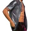 Men's 70s Sparkly Disco Top Crocodile Pattern Metallic Rave Button Down Shirt Short Sleeve Party T Shirt