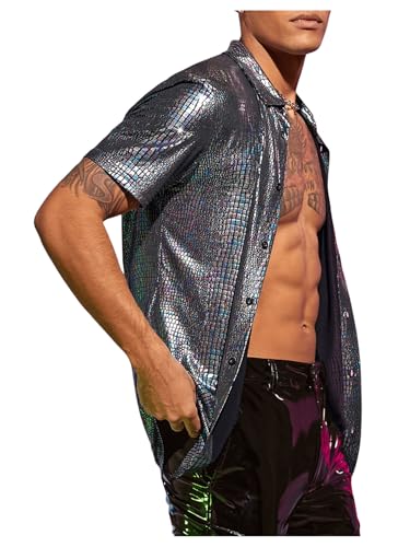 Men's 70s Sparkly Disco Top Crocodile Pattern Metallic Rave Button Down Shirt Short Sleeve Party T Shirt