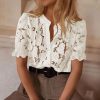 Womens 2025 Spring Lace Tops Short Puff Sleeve Casual Dressy Blouses Eyelet Crew Neck Button Down Shirts