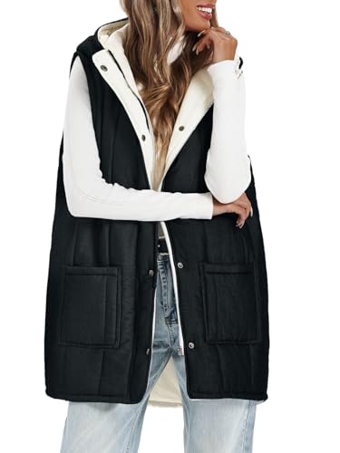 Womens Long Puffer Vests Outerwear Hooded Button Down Gilet Sleeveless Warm Winter Coats Jackets