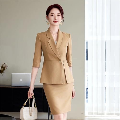 Women's Solid Lapel Button Half-Sleeved Slim Office Suit Jacket and Skirt Two-Piece Set