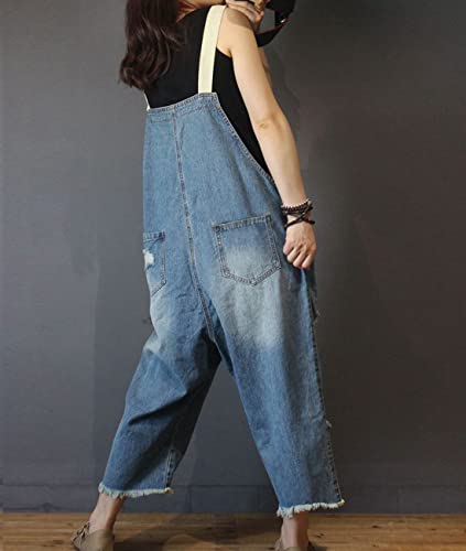 Women Casual Loose Cropped Denim Jumpsuits Rompers Jeans Overalls Distressed Ripped Fringed/Pockets P49