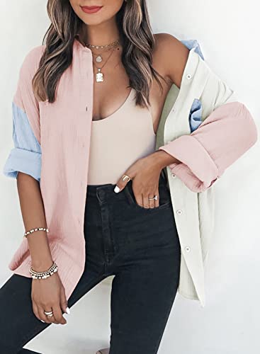 Womens Color Block Button Down Shirts Long Sleeve Oversized Boyfriend Blouses Tops