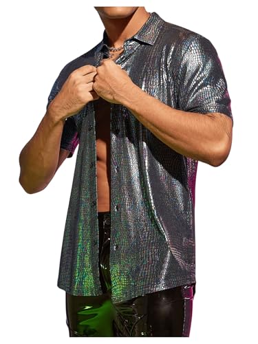 Men's 70s Sparkly Disco Top Crocodile Pattern Metallic Rave Button Down Shirt Short Sleeve Party T Shirt