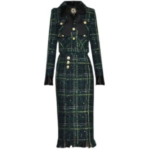 Women Winter Plaid Tweed Skirts Suit Bow Beading Long Sleeve Jacket Tassel Skirt 2 Pieces Set