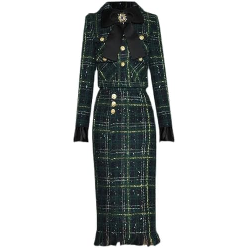 Women Winter Plaid Tweed Skirts Suit Bow Beading Long Sleeve Jacket Tassel Skirt 2 Pieces Set