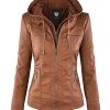 Women's Faux Leather Moto Biker Jacket Coat with Removable or Non-Removable Hood